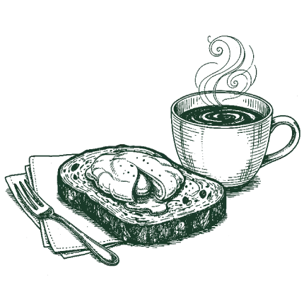 Pencil sketch of toast and cup of tea with fork and napkins