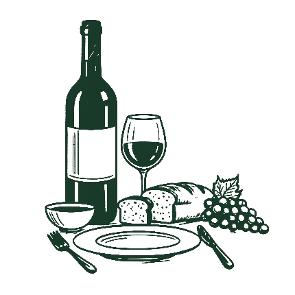 Food & Wine black and white sketch with bottles of wine, bread, grapes and a plate with knife and fork