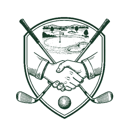 Golf course shield black and white sketch with flag, sand, grass, trees, hands shaking, golf clubs and golf ball