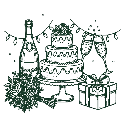 Cake & Champagne black and white sketch with tiered wedding cake, bouquet of flowers, gift and bottles of alcohol