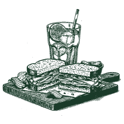 Pencil sketch of drink with straw and sandwiches on cutting board